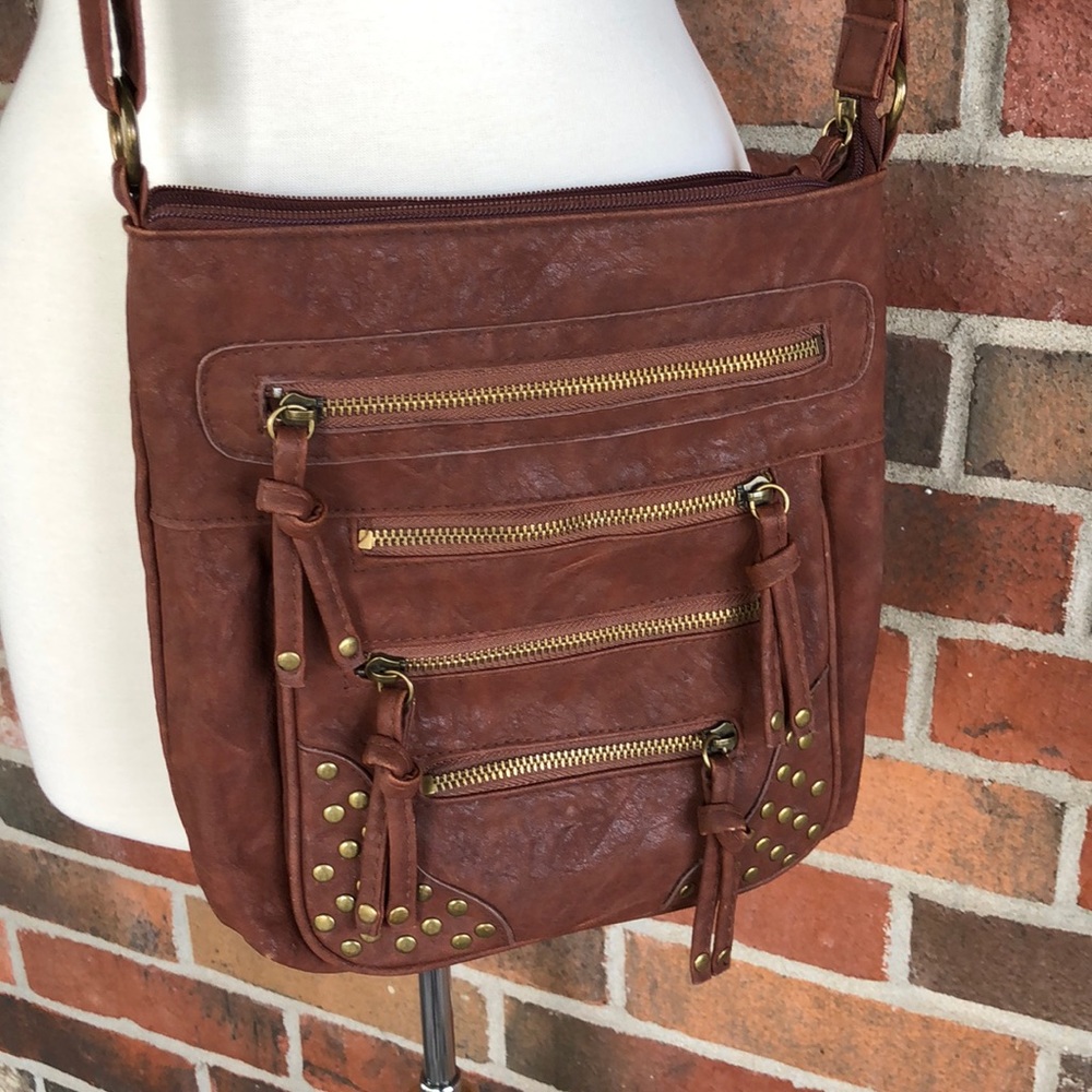 Brown Crossbody purse with zippers and studs